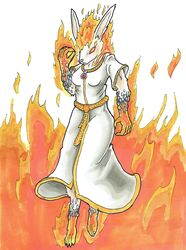  anthro astrology chinese_zodiac clothing fantasy female fire flaming_hair hi_res lagomorph lava leporid mammal mystical nyghtmar3 pseudo_hair rabbit robe solo traditional_media_(artwork) western_zodiac 