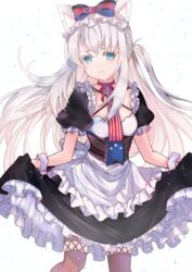  american_flag american_flag_neckwear american_flag_print animal_ear_fluff animal_ears apron azur_lane bad_id bad_pixiv_id black_bow black_dress black_legwear blue_eyes bow cat_ears cat_girl cat_hair_ornament choker dress female flag_print frilled_apron frills hair_ornament hairbow hammann_(azur_lane) highres maid necktie print_necktie puffy_short_sleeves puffy_sleeves red_choker shibaebi_(yasaip_game) short_sleeves solo waist_apron white_apron white_hair wrist_cuffs 