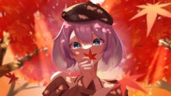  absurdres autumn autumn_leaves beret black_hat blue_eyes brown_jacket collarbone female hat head_tilt highres holding holding_leaf jacket komito_(komito5310) leaf looking_at_viewer maple_leaf nijisanji nijisanji_kr nun_bora portrait purple_hair short_hair solo tree virtual_youtuber 