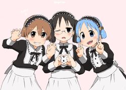  3girls :d aioi_yuuko alternate_costume alternate_hairstyle arrow_(symbol) black_eyes black_hair black_ribbon blue_eyes blue_hair blush brown_eyes brown_hair claw_pose cube_hair_ornament double_v enmaided glasses grin hair_between_eyes hair_ornament hands_up heart heart_hands long_sleeves looking_at_viewer maid maid_headdress minakami_mai multiple_girls naganohara_mio nichijou one_eye_closed open_mouth ribbon short_hair simple_background smile teeth turbo_engine_(rakugaki_tabo) twintails upper_teeth_only v 