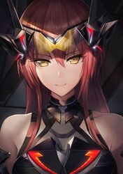  bare_shoulders eyes_visible_through_hair female headgear highres long_hair looking_at_viewer mecha_musume morichika_shuuto neon_trim original red_hair science_fiction see-through smile solo visor yellow_eyes 