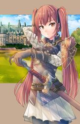  armor cowboy_shot female fire_emblem fire_emblem_fates fuussu_(21-kazin) gambeson gloves hand_in_own_hair hand_on_weapon long_eyelashes long_hair looking_at_viewer miniskirt outdoors pantyhose pauldrons red_eyes red_hair selena_(fire_emblem_fates) shoulder_armor skirt skirt_over_leggings solo sunlight sword twintails very_long_hair weapon 