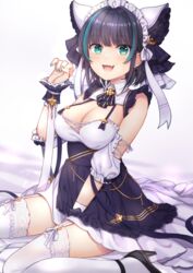  :d animal_ears aqua_eyes azur_lane bare_shoulders black_dress black_footwear black_hair breasts cheshire_(azur_lane) cleavage detached_sleeves dress fake_animal_ears feline female garter_straps hand_up headdress high_heels highres kon_(k0n16) large_breasts looking_at_viewer maid maid_headdress multicolored_hair nail_polish neck_ribbon oerba_yun_fang open_mouth ribbon short_hair sitting smile solo streaked_hair thighhighs wariza white_background white_thighhighs wing_collar zettai_ryouiki 