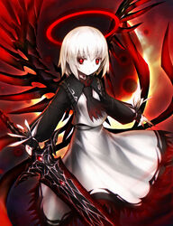  alternate_color ascot black_nails black_shirt black_wings blonde_hair closed_mouth commentary_request cowboy_shot cross english_commentary ex-rumia female fingernails halo highres holding holding_sword holding_weapon long_fingernails long_sleeves looking_at_viewer mixed-language_commentary nail_polish red_background red_eyes red_halo rumia sharp_fingernails shirt short_hair skirt solo spark621 standing sword tattoo touhou vest weapon white_skirt white_vest wings 