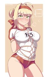  absurdres ahoge arms_behind_back bagelbomb beige_background blonde_hair blush bondage bondage bondage border bound braid breasts buruma closed_mouth fate/extra fate/grand_order fate_(series) female french_braid green_eyes gym_shirt gym_uniform hair_bun hair_intakes headband highres large_breasts long_hair looking_at_viewer name_tag nero_claudius_(fate) nero_claudius_(olympian_bloomers)_(fate) official_alternate_costume red_buruma red_headband rope shirt short_sleeves simple_background single_hair_bun smile solo thighs umu_(phrase) wavy_mouth white_border 