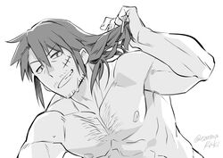  1boy abs bara chest_hair dasshu_(dashi_now) facial_hair greyscale grin ishuzoku_reviewers leg_hair long_hair looking_at_viewer male_focus mature_male monochrome mustache_stubble nipples nude pectorals seductive_smile sidelocks smile solo sparse_stubble stomach stubble stunk sweat toned toned_male untying_hair upper_body 