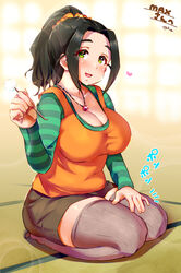  :d black_hair breasts curvy ear_cleaning ebihara_naho female green_eyes green_sleeves grey_thighhighs heart highres idolmaster idolmaster_cinderella_girls ikinari_mojio impossible_clothes indoors jewelry large_breasts looking_at_viewer mimikaki necklace orange_shirt ponytail shirt sitting smile solo striped_sleeves tatami thighhighs 