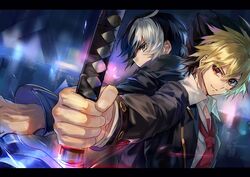  2boys ahoge back-to-back battle black_hair blonde_hair coat dagger hair_between_eyes highres holding holding_dagger holding_knife holding_sword holding_weapon kido_hyde knife letterboxed male_focus multicolored_hair multiple_boys necktie qitoli red_eyes rivalry school_uniform seth_(under_night_in-birth) short_hair smile sword two-tone_hair under_night_in-birth weapon white_hair 