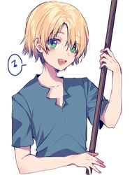  1boy :d blue_shirt commentary_request dr._stone ginro_(dr._stone) green_eyes holding holding_weapon looking_at_viewer male_focus naki_mushi open_mouth shirt short_sleeves simple_background smile solo speech_bubble standing upper_body weapon white_background 