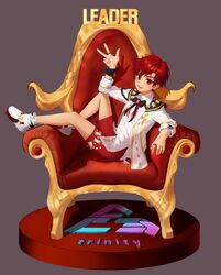  1boy absurdres bad_id bad_pixiv_id black_bow bow chains commentary elsword elsword_(character) g1_(jjw00123) grey_background highres idol jacket long_sleeves male_focus red_hair red_shorts shoes short_hair shorts simple_background sitting w white_footwear white_jacket 