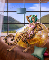  2021 4_toes 5_fingers anthro breasts clothed clothing day digital_media_(artwork) ear_piercing etskuni feet felid feline female fingers green_hair hair hi_res industrial_piercing inflatable inside leopardus lingerie mammal ocelot piercing sky smile solo toes 