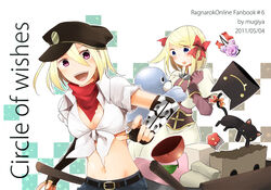  2girls :d acolyte_(ragnarok_online) animal artist_name bag bandana belt black_cat black_headwear blacksmith_(ragnarok_online) blonde_hair blue_eyes blush bow bowl brown_belt brown_gloves cabbie_hat capelet cart comb commentary_request copyright_name cover cover_page crop_top dated deviruchi_hat doujin_cover dress english_text feline fingerless_gloves gauntlets gloves hair_between_eyes hairbow hat long_sleeves looking_at_animal looking_at_viewer multiple_girls negi_mugiya open_mouth pullcart purple_eyes ragnarok_online red_bandana red_bow seal_(ragnarok_online) shirt short_hair smile teeth tied_shirt upper_body upper_teeth_only white_capelet white_dress white_shirt 