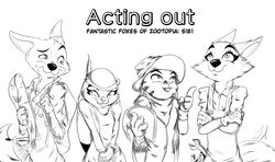  absurd_res acting anthro canid canine chew_toy clothed clothing costume cowboy_hat disney female fish fox gloves group handwear hare hat headgear headwear hi_res jack_savage judy_hopps lagomorph leporid male mammal marine nick_wilde overalls rabbit red_fox salmon salmonid_(fish) script skye_(zootopia) swift_fox true_fox zootopia 