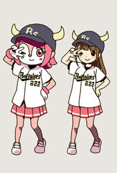  2girls ;) baseball_cap baseball_jersey black_headwear blunt_bangs blush brown_hair buffalo_bell buffalo_bell_(cosplay) closed_mouth clothes_writing commentary cosplay cow_girl cow_horns crossover dot_nose fake_horns full_body gloves grey_background hand_on_own_hip hand_up hat highres hitoribocchi_no_marumaru_seikatsu honshou_aru horned_headwear horns jersey katsuwo_(cr66g) long_hair mascot matching_outfits medium_hair miniskirt multiple_girls nippon_professional_baseball no_sclera one_eye_closed orix_buffaloes pink_eyes pink_hair pink_skirt pleated_skirt pose shirt short_sleeves side-by-side sidelocks simple_background skirt smile sportswear standing striped_clothes striped_skirt w w_over_eye white_footwear white_gloves white_shirt 