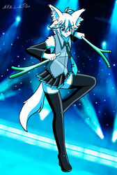  action_pose anthro armwear black_clothing blue_clothing bottomwear canid canine canis clothed clothing cosplay crossdressing elbow_gloves food fox fur gloves hair handwear hatsune_miku hi_res holding_object leek legwear looking_at_viewer male mammal necktie nikku_lunatique nikku_lunatique_(character) onion plant pose red_eyes shirt silver_clothing skirt solo thigh_highs topwear vegetable vocaloid white_body white_fur white_hair 