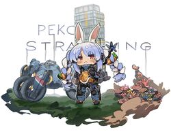  animal_ear_fluff animal_ears black_footwear blue_hair blue_jumpsuit blush bow braid carrot_hair_ornament chibi closed_mouth commentary_request death_stranding female food-themed_hair_ornament frown hair_ornament hairbow hololive itsuki_tasuku jumpsuit long_hair motor_vehicle motorcycle multicolored_hair rabbit_ears red_eyes shoes sidelocks solo standing sweat twin_braids twintails two-tone_hair usada_pekora very_long_hair virtual_youtuber white_background white_bow white_hair 