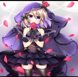  azur_lane bare_shoulders black_bow black_dress black_gloves black_thighhighs blush bow brown_hair closed_mouth commentary_request dress female flower gloves hair_between_eyes hairbow hands_up highres holding holding_flower layered_dress letterboxed looking_at_viewer official_alternate_costume petals pleated_dress purple_eyes red_flower red_rose rose shikito_(yawa0w0) sleeveless sleeveless_dress solo standing thighhighs veil wedding_dress z23_(azur_lane) z23_(schwarze_hochzeit)_(azur_lane) 