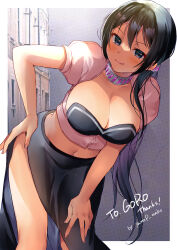  absurdres black_hair blue_eyes blush breasts cleavage closed_mouth commentary_request commission commissioner_name female hair_between_eyes hair_ornament hand_on_own_hip highres large_breasts leaning_forward long_hair looking_at_viewer low_ponytail navel original ponytail puffy_short_sleeves puffy_sleeves short_sleeves skeb_commission solo thank_you thighhighs tongue tongue_out twitter_username yam_(yamap_mako) 