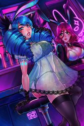  2girls animal_ears ass black_bow black_bowtie black_bra black_gloves black_panties black_thighhighs bow bowtie bra breasts chair cleavage closed_mouth dress gloves green_eyes green_hair gwen_(league_of_legends) hairbow highres indoors large_breasts league_of_legends long_hair miss_fortune_(league_of_legends) multiple_girls panties poposhirat rabbit_ears red_bow red_bowtie red_hair see-through_clothes see-through_dress smile teeth thighhighs twintails underwear 