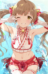  afloat armpits bare_shoulders bell bikini blunt_bangs blush bow breasts brown_eyes brown_hair cleavage collarbone concept_maihime_(idolmaster) day dot_nose elbow_gloves eyelashes female frilled_gloves frilled_shirt frilled_skirt frills gloves grin groin hair_bell hair_ornament hair_ribbon hakozaki_serika halter_shirt halterneck hands_up highres hip_vent idolmaster idolmaster_million_live! idolmaster_million_live!_theater_days jingle_bell lens_flare long_hair looking_at_viewer midriff miniskirt navel neck_bell nontraditional_miko one_eye_closed outdoors pink_bikini pink_ribbon pink_skirt pleated_skirt ribbon ribbon-trimmed_shirt ribbon-trimmed_thighhighs ribbon_trim shirt side-tie_bikini_bottom sidelocks sitting skirt sleeveless sleeveless_shirt small_breasts smile solo sunlight swimsuit tetsujin_momoko thighhighs twintails very_long_hair waist_bow water wavy_hair wet wet_clothes wet_hair wet_swimsuit white_gloves white_thighhighs 