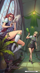  2girls absurdres artist_name bandaid bandaid_on_knee bandaid_on_leg black_shoes blonde_hair book book_stack breasts collared_shirt covering_face daphne_greengrass day earrings frilled_thigh_strap glasses green_eyes green_necktie harry_potter_(series) highres hogwarts_school_uniform holding holding_book holding_wand indoors innocent_witches_(fangame) jewelry long_hair looking_at_viewer medium_breasts mole mole_under_eye multiple_girls necktie nola_corey open_book photo_(object) plant pleated_skirt potted_plant red_hair school_uniform shirt short_sleeves sitting skirt snake_earrings standing sweater_vest thigh_strap valerii_siserg wand web_address white_shirt windowsill wizarding_world 