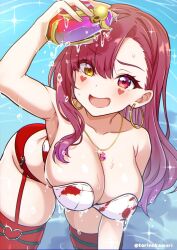  bikini blush breasts earrings facial_mark female hair_between_eyes heart heart_facial_mark heterochromia hololive hololive_grand_theft_auto houshou_marine jewelry long_hair looking_at_viewer medium_breasts necklace o-ring open_mouth red_bikini red_eyes red_hair red_thighhighs smile solo swimsuit thighhighs torinokawori virtual_youtuber wet white_bikini yellow_eyes 