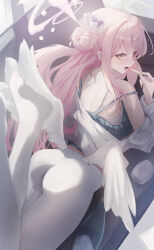  absurdres angel_wings ass blue_archive blush bottle bra eating feathered_wings female flower hair_bun hair_flower hair_ornament hair_ribbon halo highres kuromame_(meekaki96) long_hair long_sleeves low_wings mika_(blue_archive) open_mouth panties pantyhose pink_flower pink_hair pink_halo revision ribbon shirt single_side_bun solo thighs underwear white_bra white_panties white_pantyhose white_ribbon white_shirt white_wings wings yellow_eyes 