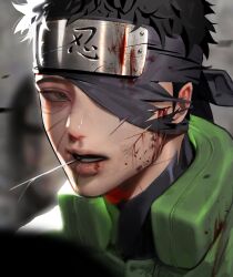  1boy black_hair black_shirt blood blood_on_face brown_eyes commentary_request forehead_protector green_jacket highres injury jacket korean_commentary looking_to_the_side lower_teeth_only male_focus naruto_(series) naruto_shippuuden parted_lips shirt short_hair sideways_glance solo ssxssss_848 teeth torn_clothes uchiha_obito upper_body 