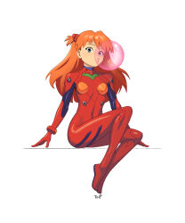  blue_eyes bodysuit breasts chewing_gum female full_body highres long_hair looking_at_viewer mecha_pilot_suit medium_breasts neon_genesis_evangelion orange_hair plugsuit puckered_lips red_bodysuit simple_background sitting solo souryuu_asuka_langley taikikipeach white_background 