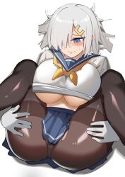  absurdres blue_eyes blue_sailor_collar blue_skirt blush breasts brown_pantyhose closed_mouth commentary_request feet_out_of_frame female folded gloves hair_ornament hair_over_one_eye hairclip hamakaze_(kancolle) hands_on_own_thighs highres kantai_collection large_breasts lying m_legs neckerchief on_back panties panties_under_pantyhose pantyhose partial_commentary pleated_skirt sailor_collar school_uniform serafuku shadow shirt short_hair simple_background simplecar skirt solo sweat thighband_pantyhose torn_clothes torn_pantyhose underboob underwear white_background white_gloves white_hair white_shirt yellow_neckerchief 