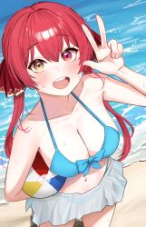  :d absurdres ball beach beachball bikini bikini_skirt blue_bikini breasts cleavage female from_above heterochromia highres holding holding_ball hololive houshou_marine large_breasts long_hair navel nyang1 red_eyes red_hair smile stomach swimsuit twintails virtual_youtuber w water wet yellow_eyes 