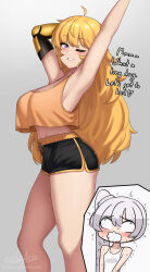  2girls ahoge armpits arms_up black_shorts blonde_hair blush breasts commentary cslucaris drawstring english_commentary english_text foaming_at_the_mouth froth highres large_breasts multiple_girls nervous_sweating no_nut_november one_eye_closed orange_tank_top parted_lips prosthesis prosthetic_arm purple_eyes rolling_eyes rwby shorts solo_focus stretching sweat tank_top tented_shirt thighs trembling weiss_schnee yang_xiao_long 