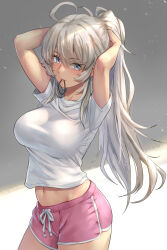  ahoge arms_up blue_eyes blush breasts commentary female grey_hair hair_tie_in_mouth highres kantai_collection kokuzou large_breasts long_hair looking_at_viewer mouth_hold navel pink_shorts shirt short_shorts short_sleeves shorts solo tying_hair washington_(kancolle) white_shirt 