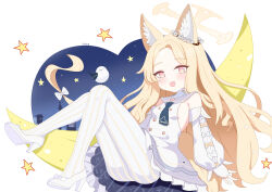  absurdres animal_ear_fluff animal_ears arm_support ass baozi_9527 bilibili_username bird blonde_hair blue_archive blue_necktie bow breasts chinese_commentary cleavage_cutout clothing_cutout commentary_request crescent_moon detached_sleeves dress ear_wreath female flower_wreath forehead fox_ears frilled_dress frills full_body halo heart high_heels highres long_hair looking_at_viewer moon necktie open_mouth pantyhose parted_bangs sailor_collar seia_(blue_archive) sitting small_breasts smile solo star_(symbol) striped_clothes striped_pantyhose vertical-striped_clothes vertical-striped_pantyhose very_long_hair white_bow white_dress white_pantyhose white_sailor_collar white_shoes white_sleeves yellow_bow yellow_eyes yellow_halo 