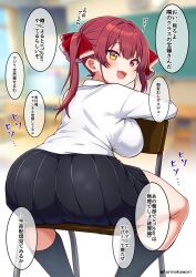  ass black_skirt black_thighhighs blush breasts chair female hair_ribbon heterochromia hololive houshou_marine long_hair long_sleeves looking_at_viewer medium_breasts open_mouth red_eyes red_hair red_ribbon ribbon shirt skirt smile solo speech_bubble thighhighs torinokawori translation_request twintails virtual_youtuber white_shirt yellow_eyes 