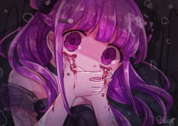  absurdres artist_logo bare_shoulders black_background black_bow black_shirt blood blood_from_eyes bow chromatic_aberration commentary_request covering_own_mouth empty_eyes female gauze gauze_on_cheek hairbow highres logo long_hair original portrait purple_eyes purple_hair see-through_clothes see-through_sleeves shiro_nori00 shirt solo wide-eyed 