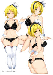  black_bra black_panties blonde_hair bra breasts cleavage dice_hair_ornament female genderswap_(otf) hair_ornament highres lace-trimmed_bra lace-trimmed_panties lace_trim len&#039;en lingerie navel ougi_hina panties rule_63 short_hair thighhighs underwear underwear_only white_thighhighs wrist_cuffs xeno_a yellow_eyes 