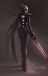  alternate_costume alternate_hair_color artist_request ass back dark_background fiora_laurent glowing glowing_weapon league_of_legends looking_back solo sword visor 