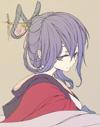  alternate_costume blue_eyes blue_hair colored_eyelashes commentary_request eyelashes female from_side hair_ornament hair_rings hair_stick japanese_clothes kaku_seiga kimono red_kimono rhapsode shawl smile solo touhou upper_body 