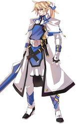  1boy blonde_hair blue_eyes boots capelet commentary_request english_text fingerless_gloves full_body gloves guilty_gear guilty_gear_xrd hair_ribbon ky_kiske long_hair magnolia_eclair_ii makai male_focus over_shoulder photoshop_(medium) ponytail ribbon solo sword sword_over_shoulder uniform weapon weapon_over_shoulder 