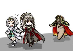  &gt;_&lt; 1boy 2girls :&lt; belt cape chasing closed_mouth commentary_request crown dark-skinned_male dark_skin dress fake_horns fire_emblem fire_emblem_heroes fleeing flying_sweatdrops grey_hair hair_ornament helmet horned_helmet horns long_hair multiple_girls open_mouth orange_hair short_dress short_hair simple_background surtr_(fire_emblem) tenmaru tiara veronica_(fire_emblem) white_background ylgr_(fire_emblem) 