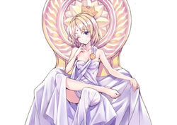  ;) bare_shoulders barefoot bindi blonde_hair blue_eyes blush breasts buddhism butsuzou_collection cleavage crown earrings facial_mark female forehead_mark hankafumisage hankashii highres jewelry looking_at_viewer matsuryuu one_eye_closed original robe short_hair sitting small_breasts smile solo 