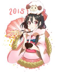  2015 black_hair blush bowl chopsticks commentary_request eating female food hair_down japanese_clothes kimono long_hair looking_at_viewer love_live! love_live!_school_idol_project mochi mochi_trail new_year obi object_on_head pachi_(sugiyama0306) partial_commentary red_eyes rope sash shimenawa solo stuffed_animal stuffed_sheep stuffed_toy wagashi yazawa_nico 