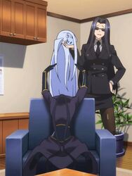  2girls animated animated black_hair breasts business_suit chuunibyou dullahan glasses headless lala_(monster_musume) large_breasts long_hair monster_girl monster_musume_no_iru_nichijou ms._smith multiple_girls sitting smile standing thighhighs white_hair 