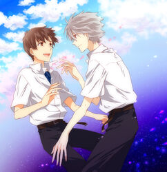  2boys bad_id bad_pixiv_id brown_eyes brown_hair cloud evangelion:_3.0_you_can_(not)_redo grey_hair ikari_shinji male_focus multiple_boys nagisa_kaworu neon_genesis_evangelion petals rebuild_of_evangelion red_eyes sagari24 smile tears 