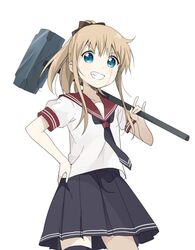  \m/ akuma_no_riddle banba_mahiru banba_mahiru_(cosplay) banba_shin&#039;ya blonde_hair blue_eyes bow commentary_request cosplay female grin hairbow hammer hand_on_own_hip looking_at_viewer md5_mismatch namori ootsubo_yuka parody ponytail resolution_mismatch scar simple_background skirt smile solo source_larger teeth toshinou_kyouko voice_actor_connection white_background yuru_yuri 