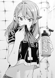  bad_id bad_twitter_id blush bottle breasts commentary enokida_mai female greyscale highres indoors long_hair looking_at_viewer medium_breasts midriff monochrome nakajima_ryou navel ranker&#039;s_high solo stomach sweat water_bottle 