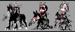  arrow_(projectile) arrow_in_body chibi commentary evil_smile female grimm_(rwby) horns horse horseback_riding iesupa monster_girl nuckelavee_(rwby) red_eyes riding rwby smile 