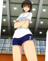  absurdres anime_screenshot black_hair blue_shorts brown_eyes female gym gym_shorts gym_uniform hentai_ouji_to_warawanai_neko. highres maimaki_mai photoshop_(medium) ponytail short_hair shorts solo 