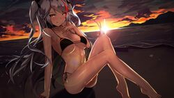  :q antenna_hair arm_support ass azur_lane bare_legs beach bikini black_bikini black_ribbon blush breasts brown_eyes cloud cloudy_sky collarbone commentary female flag_print german_flag_bikini grey_hair hair_between_eyes hair_ribbon hand_up highres knees_up large_breasts long_hair looking_at_viewer mole mole_on_breast multicolored_hair navel ocean official_alternate_costume photoshop_(medium) prinz_eugen_(azur_lane) prinz_eugen_(unfading_smile)_(azur_lane) red_hair ribbon sand septoleaf side-tie_bikini_bottom sideboob sitting sky smile solo stomach streaked_hair sunset swimsuit thighs tongue tongue_out two_side_up underboob very_long_hair wet 